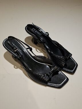 Franco Sarto Black Peep-toe Kitten-heel Bow Detail Slingback Heels (Size 10)